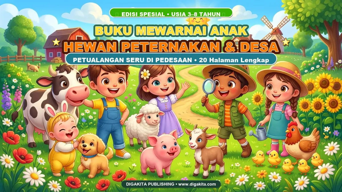 Buku Mewarnai Anak Hewan Peternakan & Desa – 20 Halaman PDF A4