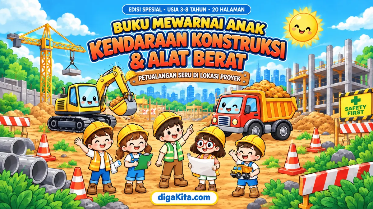 Download Buku Mewarnai Anak Kendaraan Konstruksi & Alat Berat – 20 Halaman PDF Siap Cetak