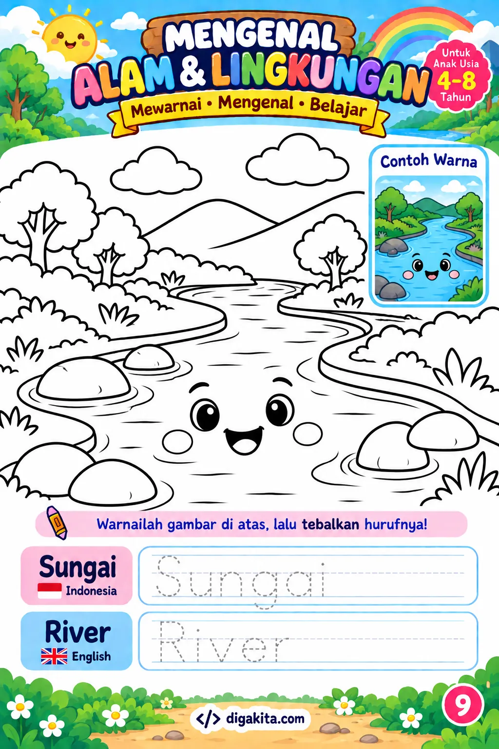 Foto tambahan 2 Worksheet Mewarnai Alam Anak 4–8 Tahun – Pohon, Bunga, Pelangi & Gunung