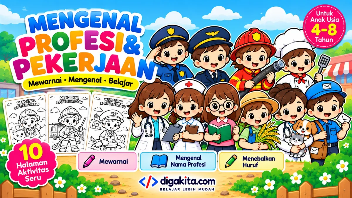 Buku Aktivitas Profesi Anak 4–8 Tahun – Mewarnai Dokter, Guru, Pemadam, Pilot & 10 Profesi
