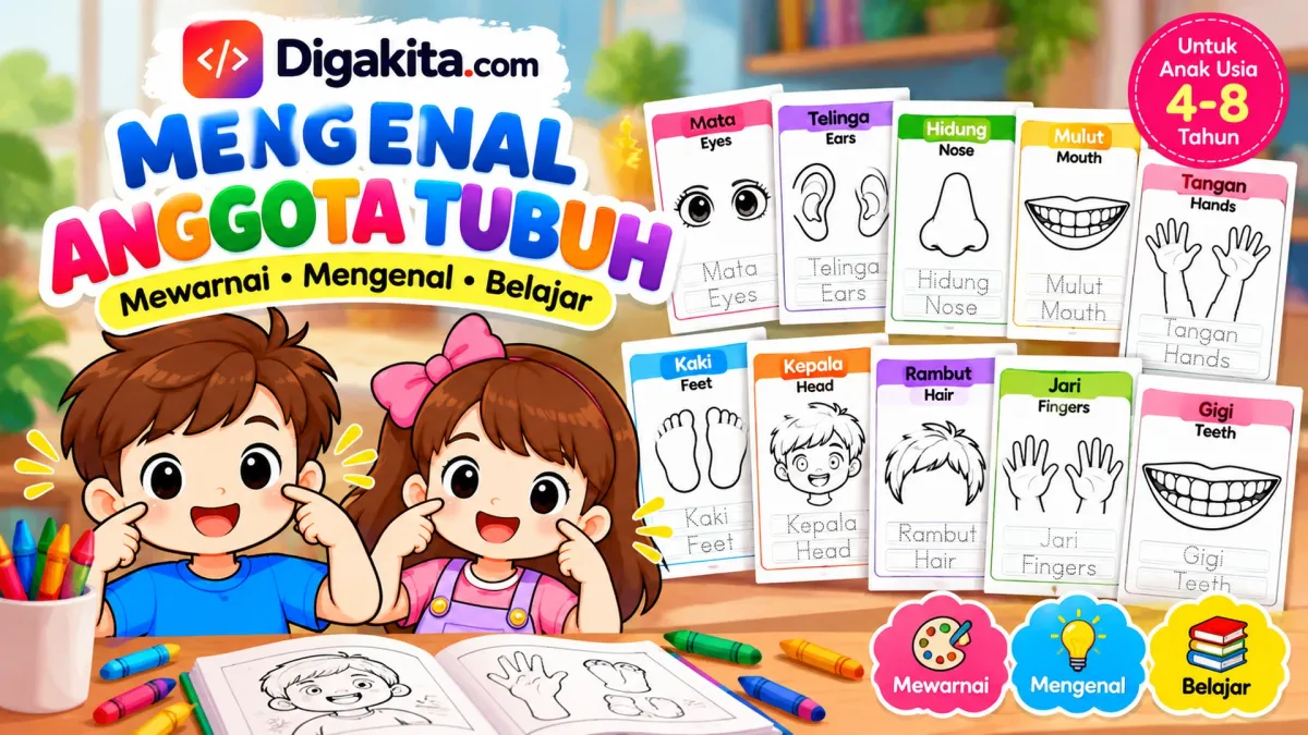 Mewarnai Anggota Tubuh Anak 4–8 Tahun – Worksheet Printable Indonesia & English