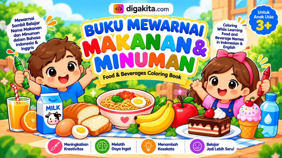 Buku Mewarnai Anak Tema Makanan & Minuman Bahasa Indonesia dan English