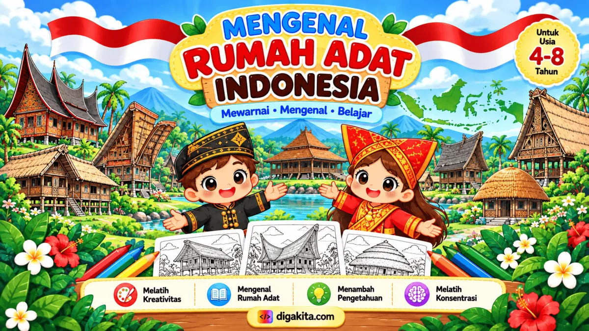 Buku Mewarnai Rumah Adat Indonesia Anak 4–8 Tahun – 10 Tema Nusantara