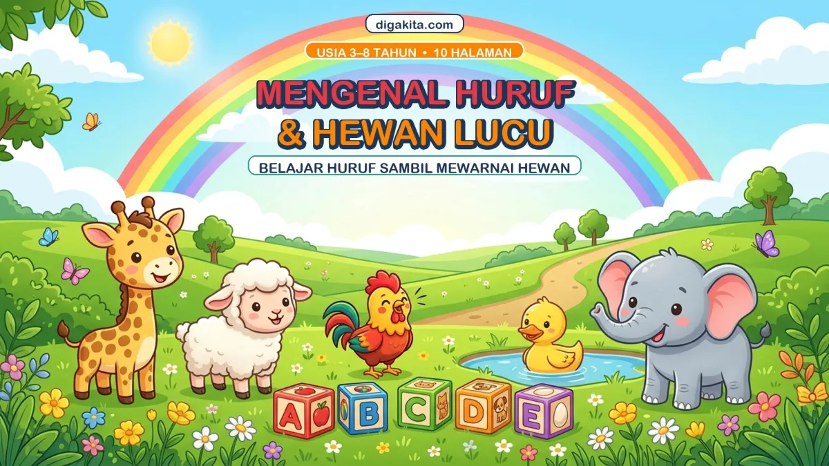 Buku Mewarnai & Belajar Huruf Anak PDF A4 – Huruf A-J + Hewan Lucu