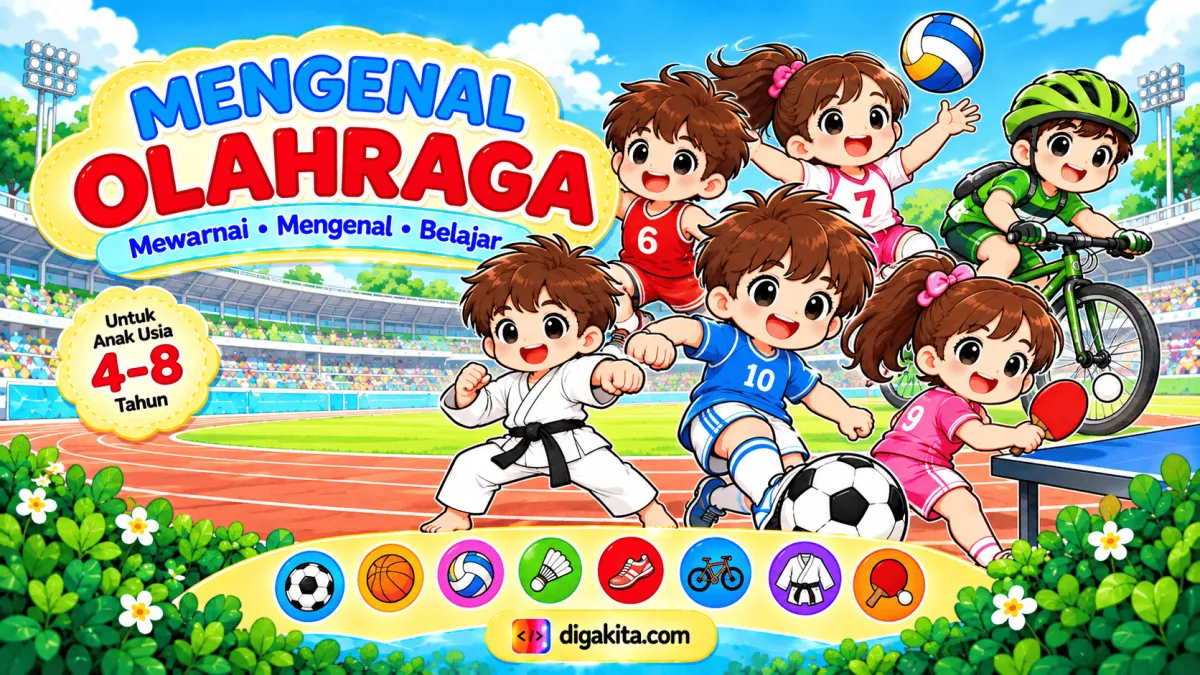 Buku Mewarnai Olahraga Anak 4–8 Tahun – 10 Aktivitas Mengenal Olahraga & Bahasa Inggris