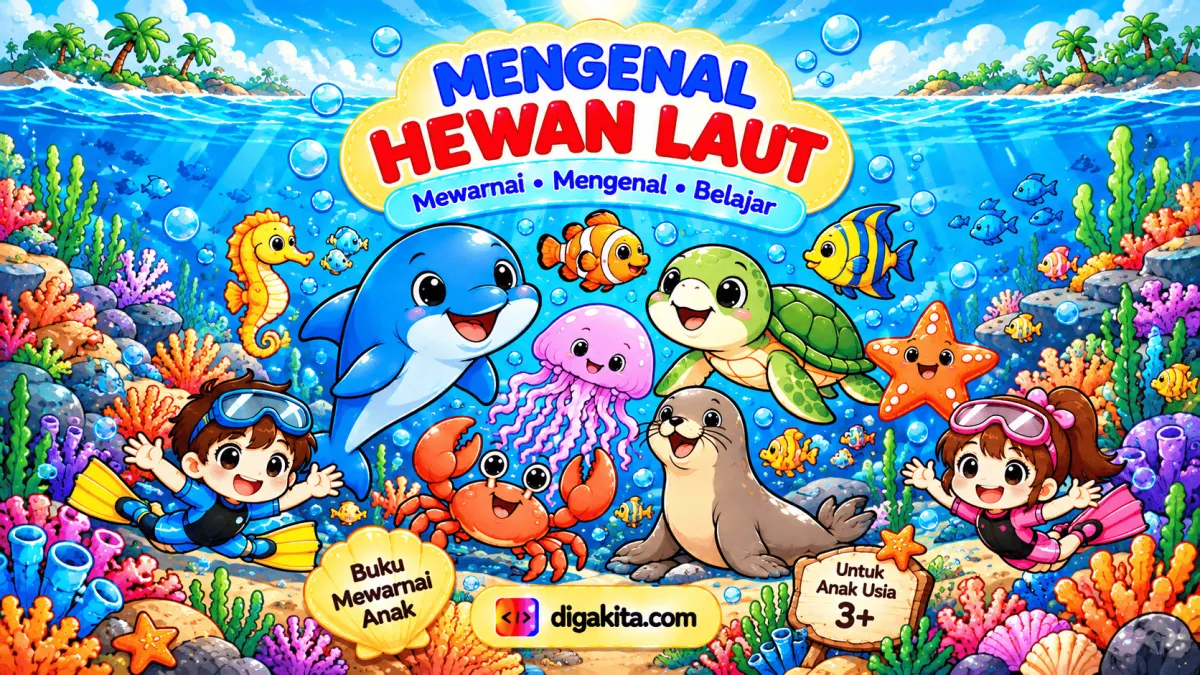 Buku Aktivitas Mewarnai Anak – Mengenal 10 Hewan Laut | Dolphin, Whale, Shark & More